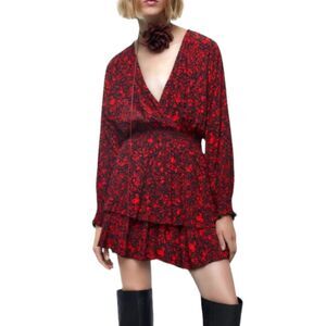 ZARA Dress Mini Short Ruffle Sexy‎ Long Sleeve Black Red Babydoll Whimsygoth S